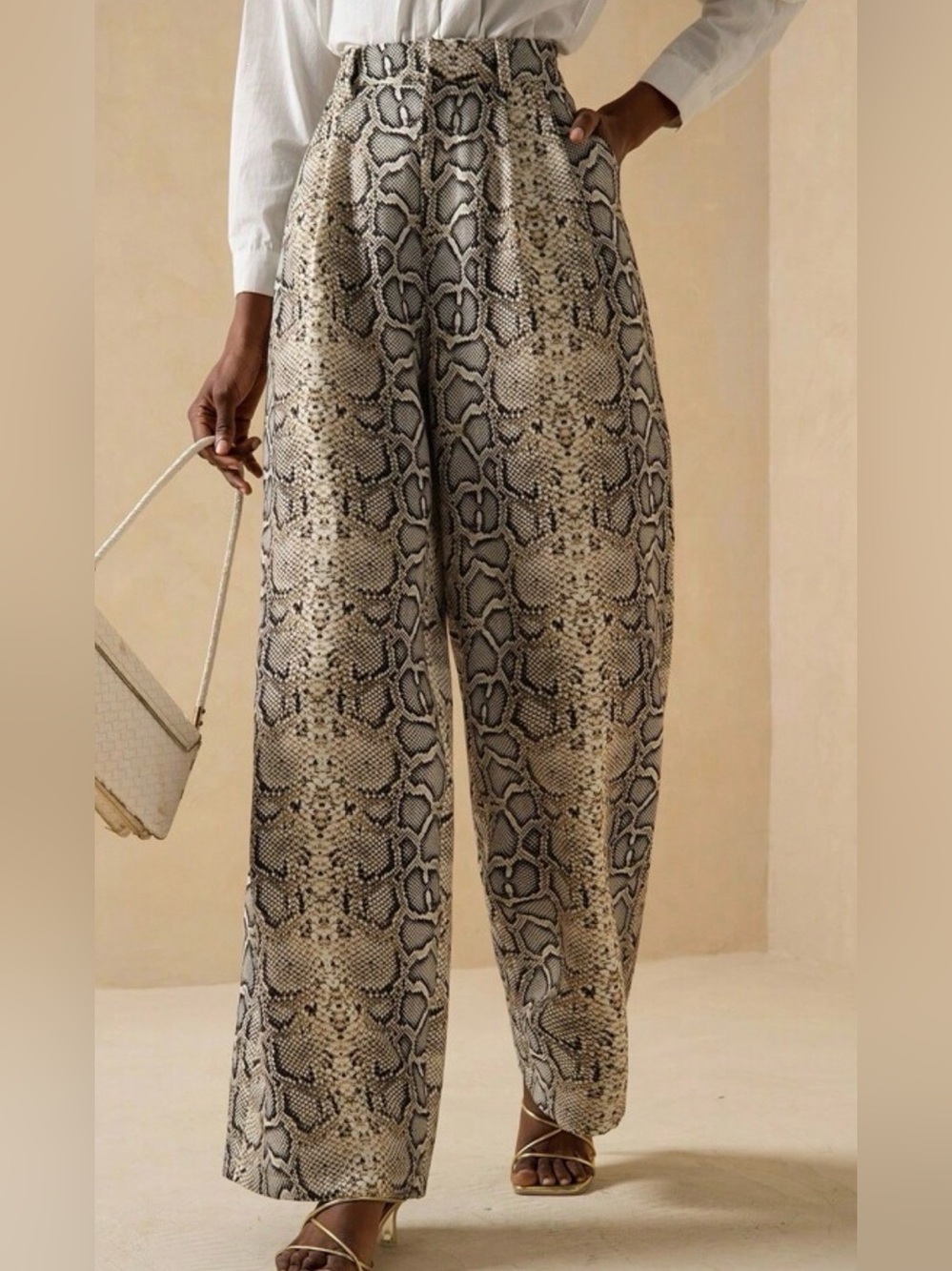Wide-Leg Snake Print Pants in Neutral Tones